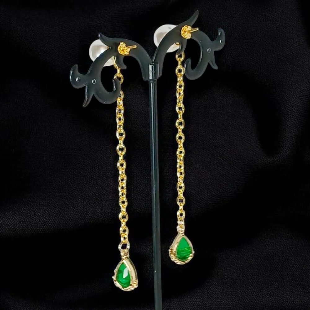Gold Pearl Stud Earrings Linear Drop Emerald Tear Drop Charms Shoulder Dusters